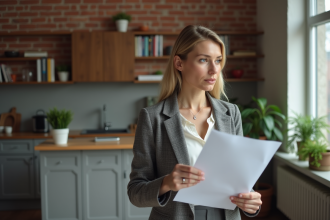 Femme d'âge moyen dans un appartement urbain examine des documents