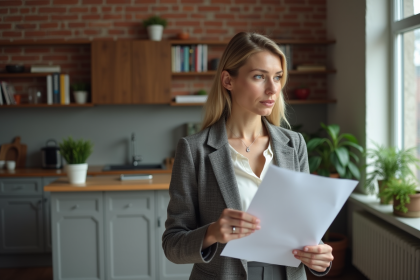 Femme d'âge moyen dans un appartement urbain examine des documents