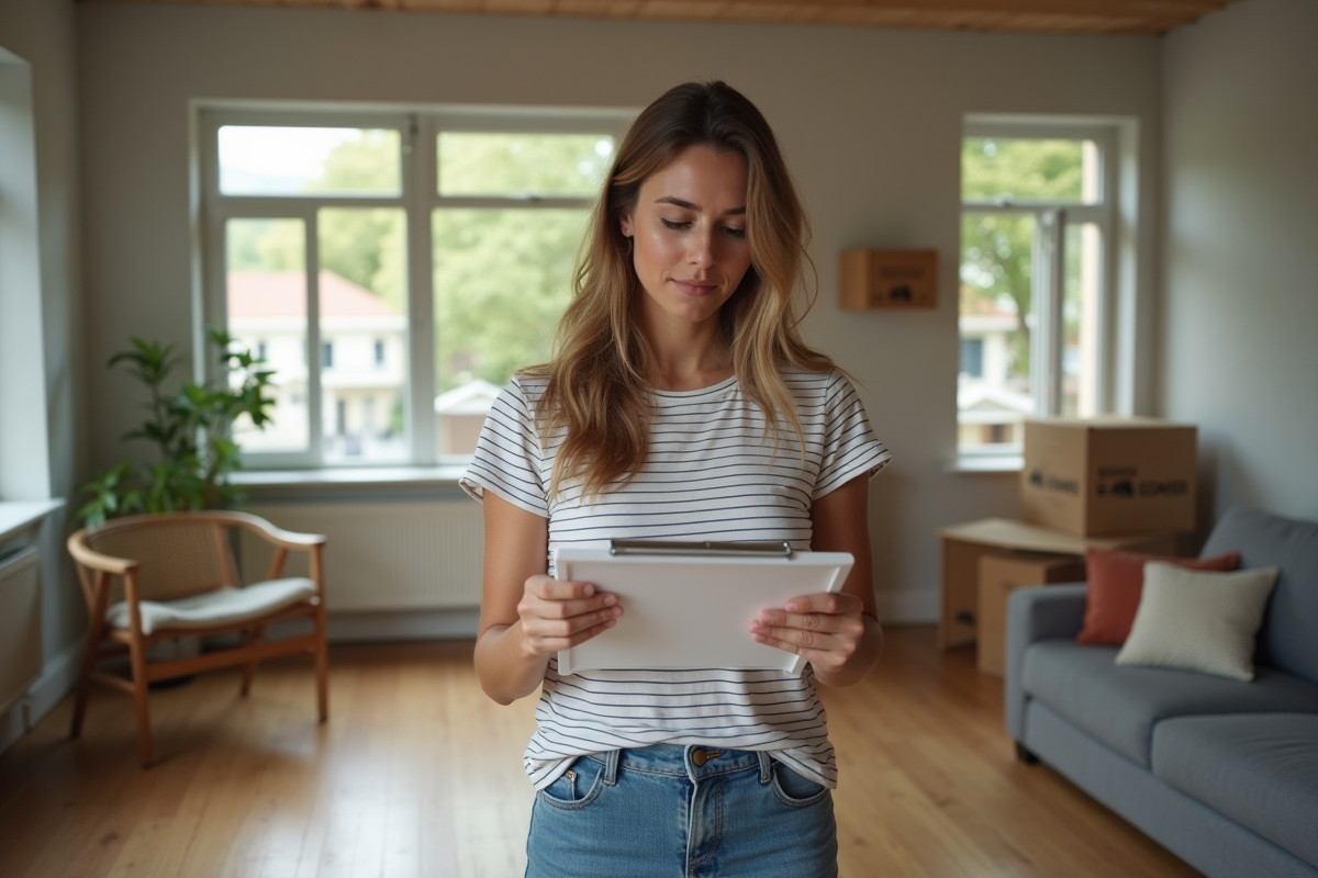 Jeune femme examinant un devis de déménagement dans son salon lumineux