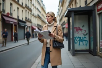 Femme avec carte et téléphone dans la ville de ChampssurMarne