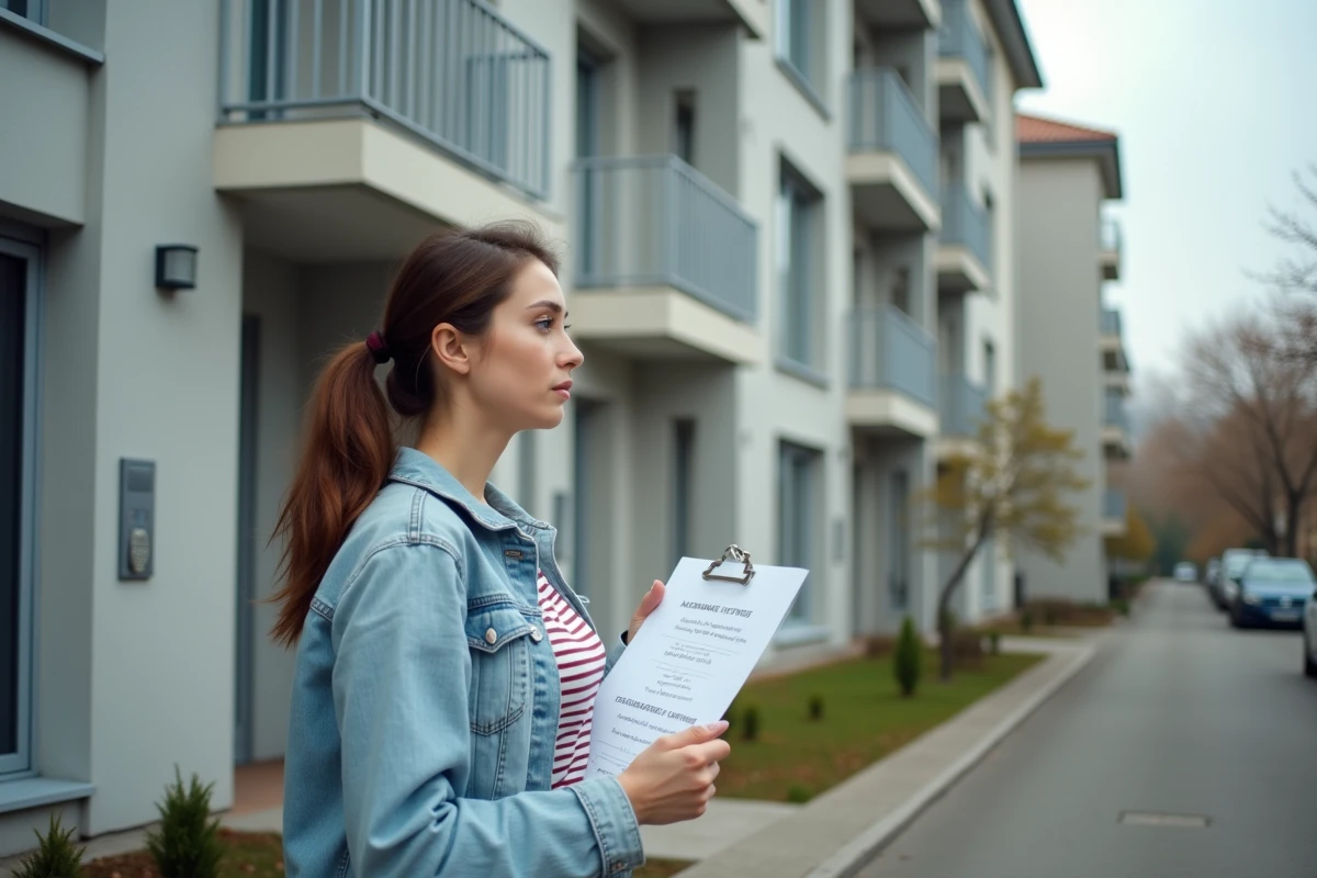 Jeune femme consultant une liste de contrôle devant un immeuble de logements sociaux en zone urbaine