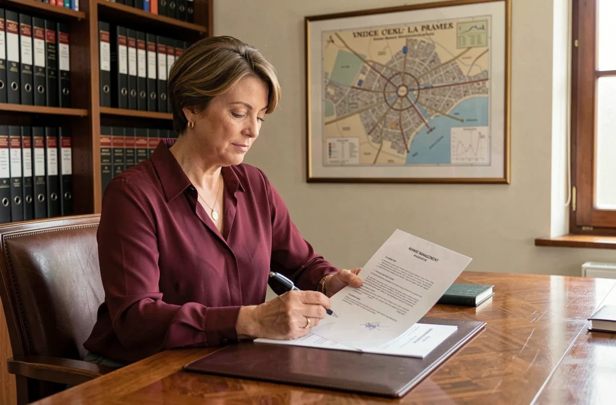 Conseillère en gestion immobilière de Fidelis Immobilier signant un contrat de syndic dans son bureau élégant