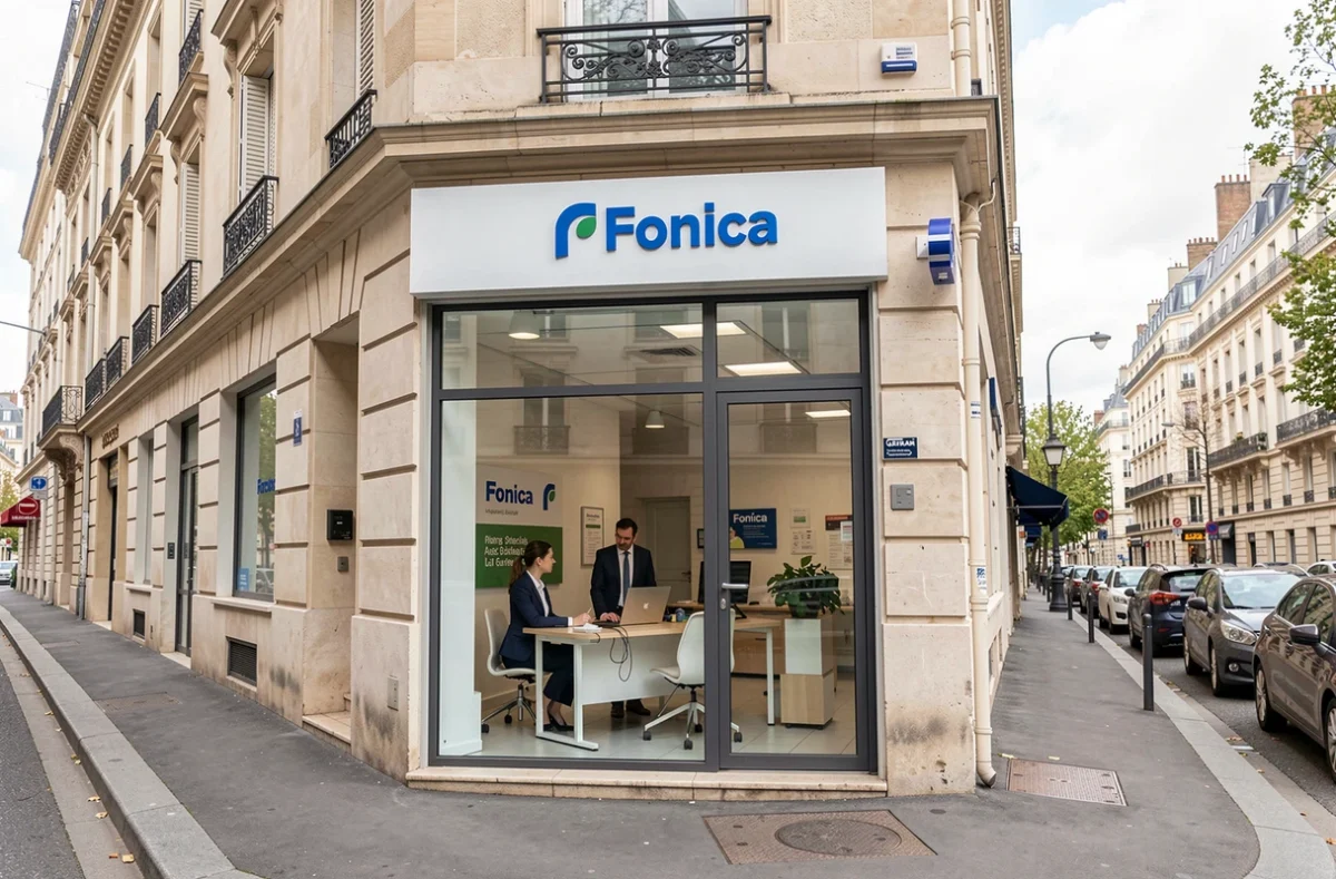 Façade extérieure d'une agence Foncia Île-de-France dans une rue parisienne avec agents visibles à travers la vitrine