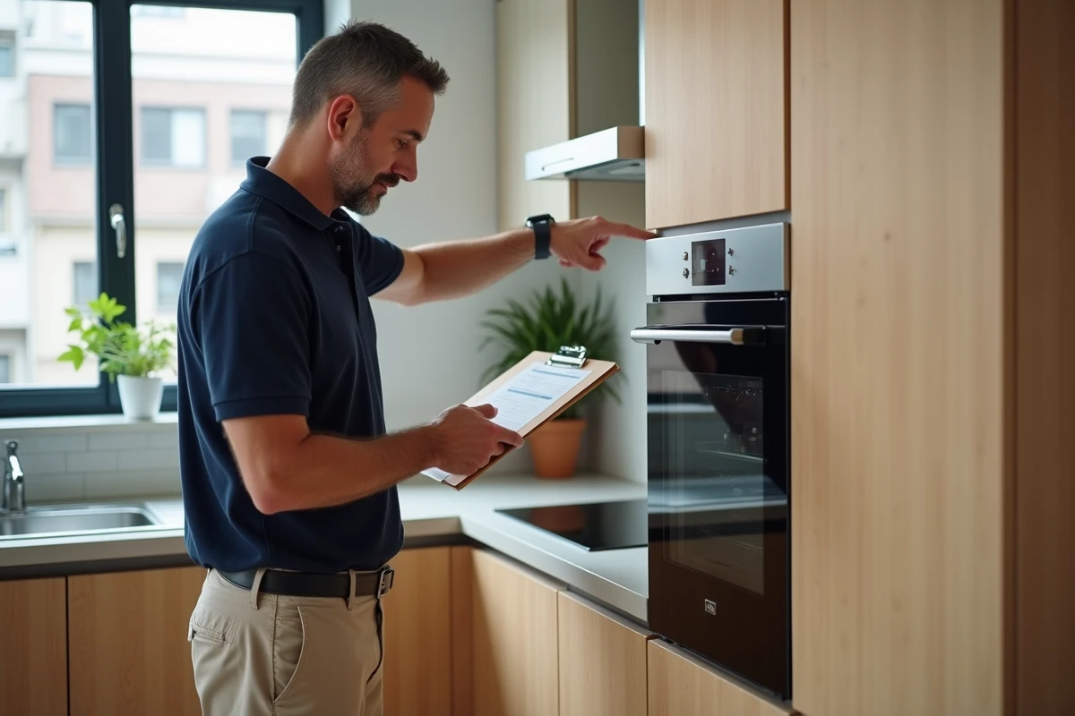 Gestionnaire immobilier vérifiant une panne de four encastré dans une cuisine de location non meublée
