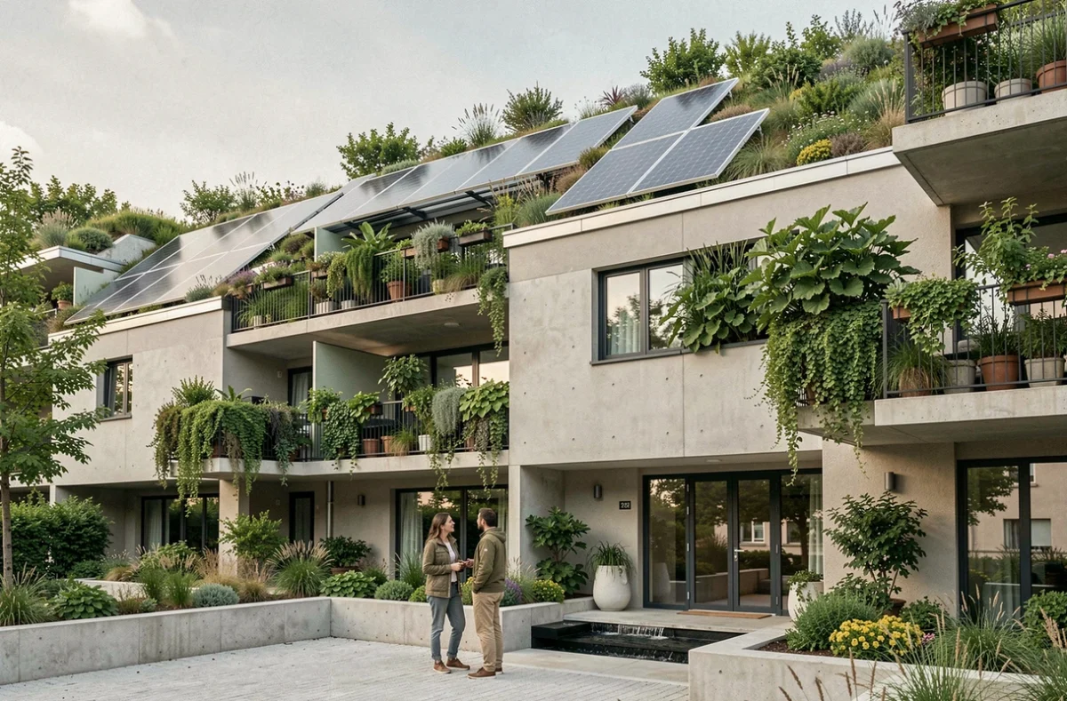 Résidence écologique Green City en Essonne avec toiture végétalisée, panneaux solaires et jardins verticaux sur les balcons