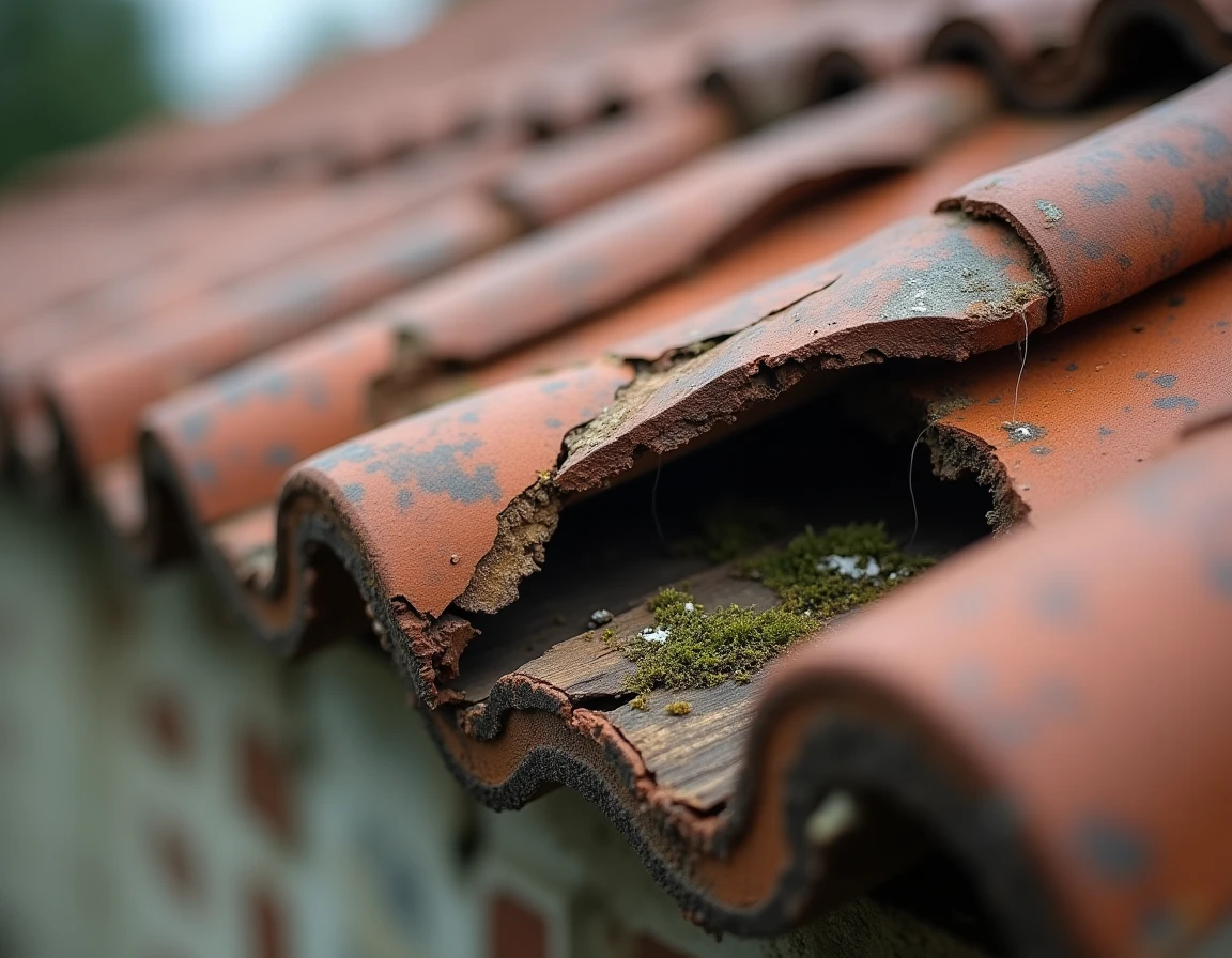 Gros plan sur des tuiles en terre cuite fissurées et manquantes sur une toiture ancienne révélant les liteaux en bois en dessous
