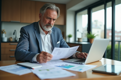 Homme d affaires confiant examine des documents dans une cuisine moderne