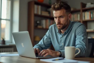 Homme consultant un avis sur un site de location de service en ligne depuis son bureau à domicile