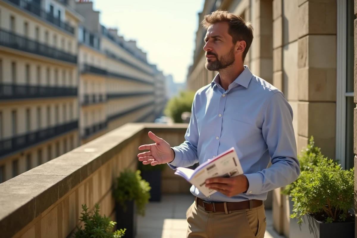 Homme discutant sur balcon parisien avec plans immobiliers