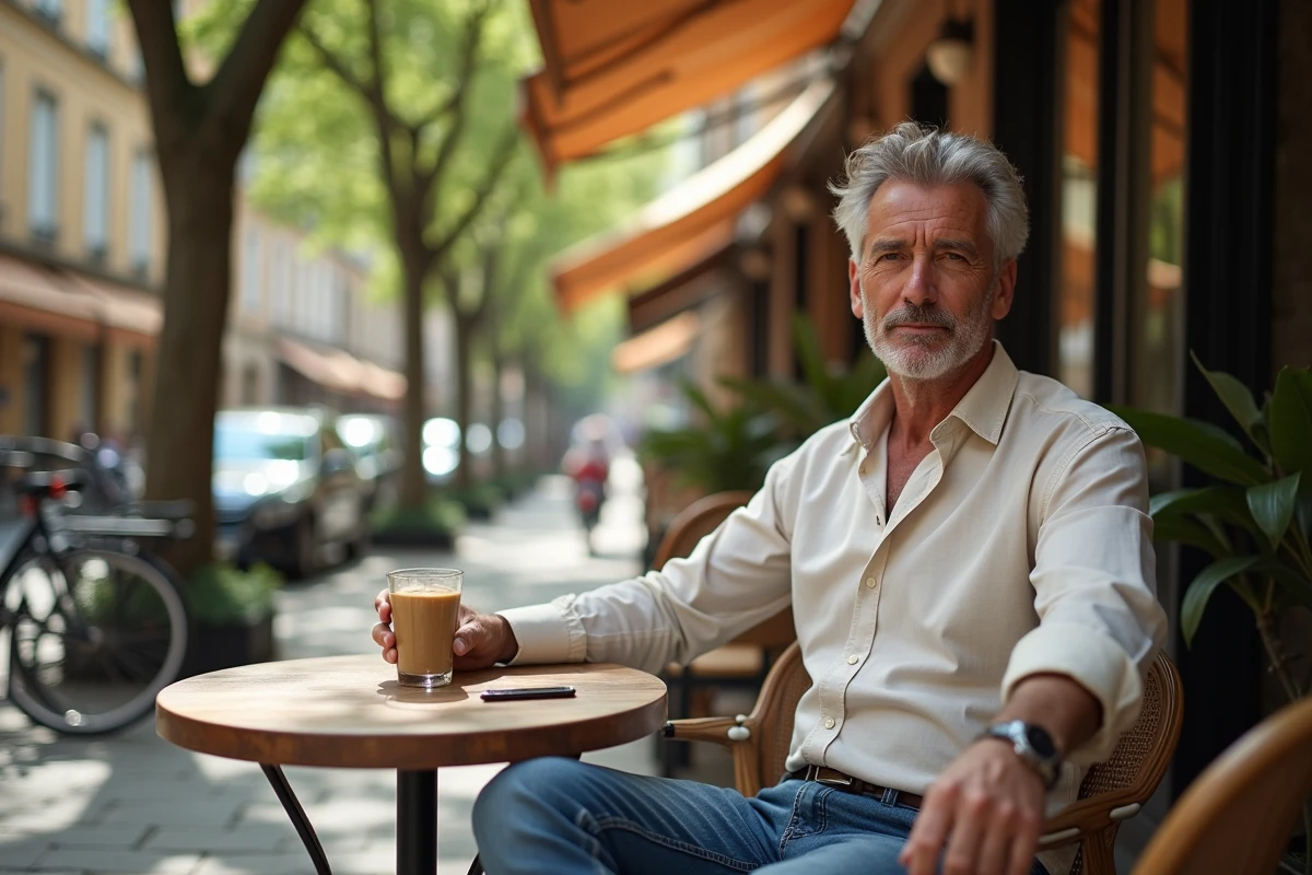 Homme assis sur une terrasse de café à Carmes