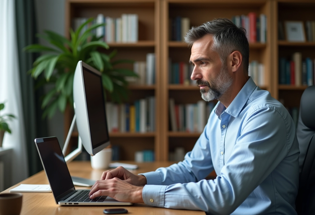 Homme utilisant un ordinateur pour calculer un pret immobilier