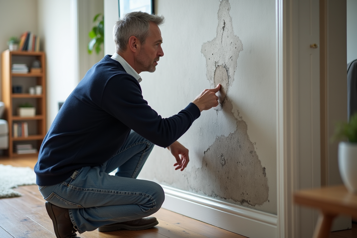 Homme en jeans et pull bleu pointant des taches d'eau sur un mur intérieur