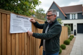 Homme attachant une declaration travaux devant une maison