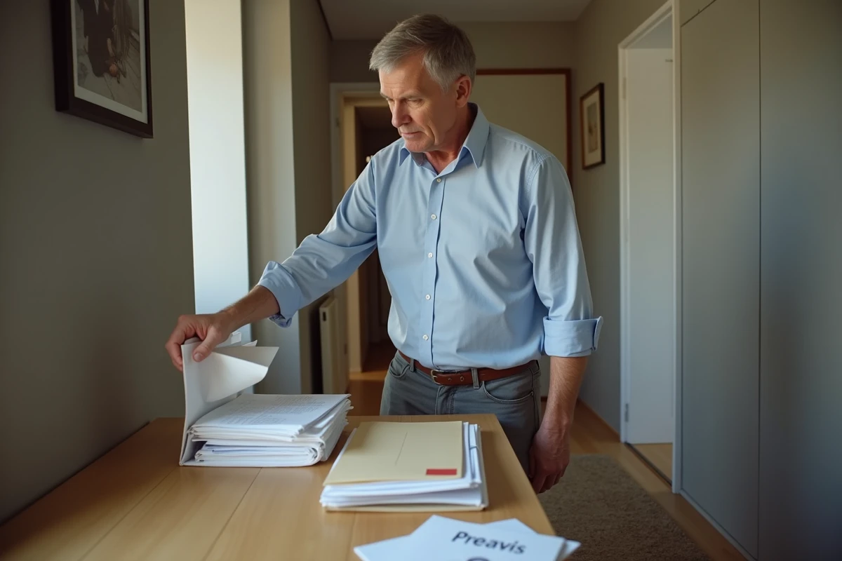 Homme plaçant une enveloppe préavis dans un document à la maison