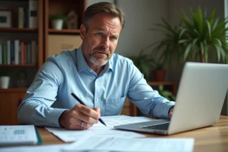 Homme consultant des documents fiscaux liés à une vente immobilière à son bureau