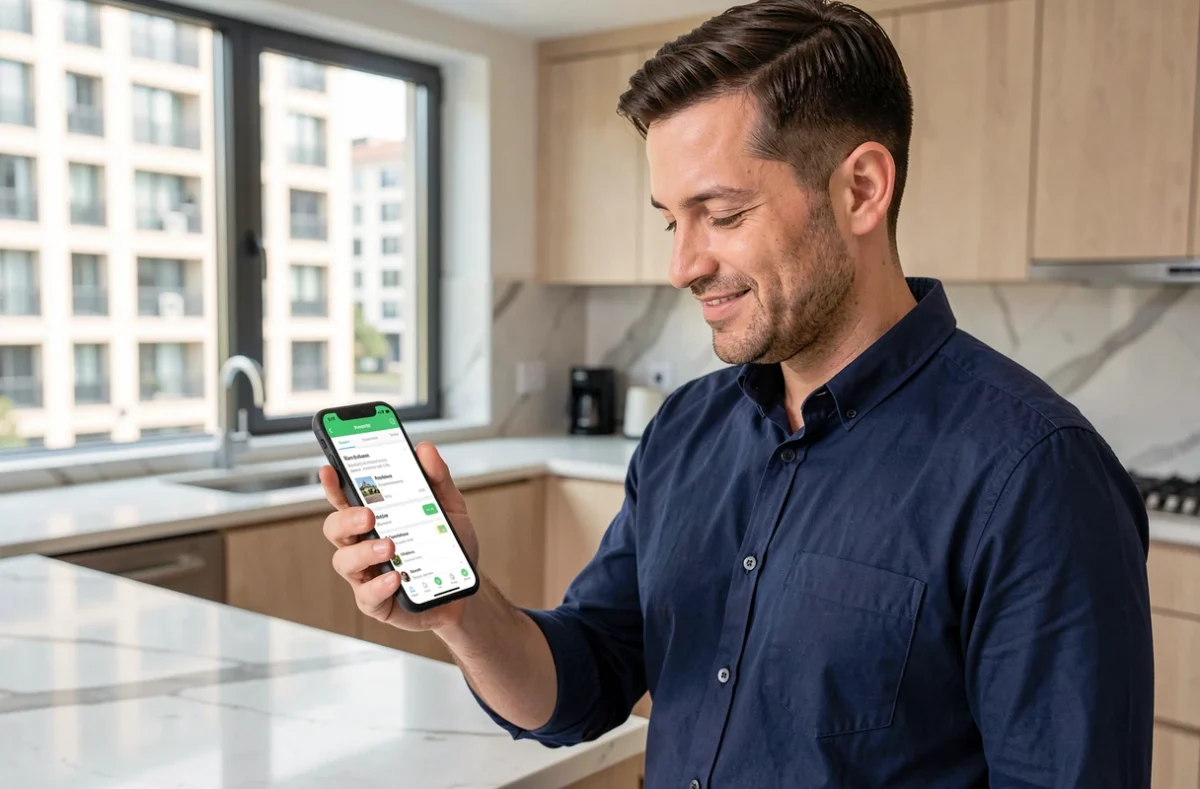 Homme consultant son espace client MyFoncia sur smartphone dans une cuisine moderne