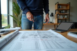Homme d'âge moyen examine un plan immobilier dans un bureau moderne