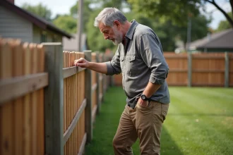 Homme d'âge moyen observant une clôture de jardin en bois