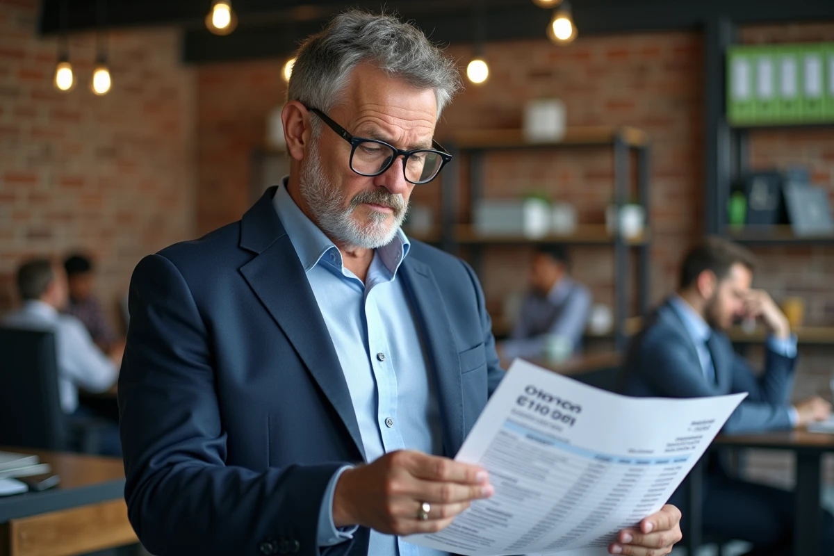Homme en blazer consultant une facture professionnelle avec adresse abrégée dans un espace de coworking