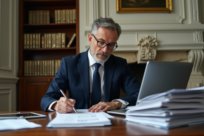 Homme d'affaires en costume dans un bureau parisien