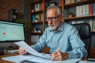 Homme d'âge moyen examinant des documents fiscaux dans un bureau