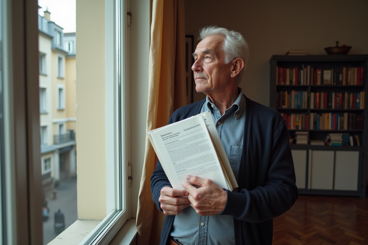 Homme âgé regardant par la fenêtre avec des documents français