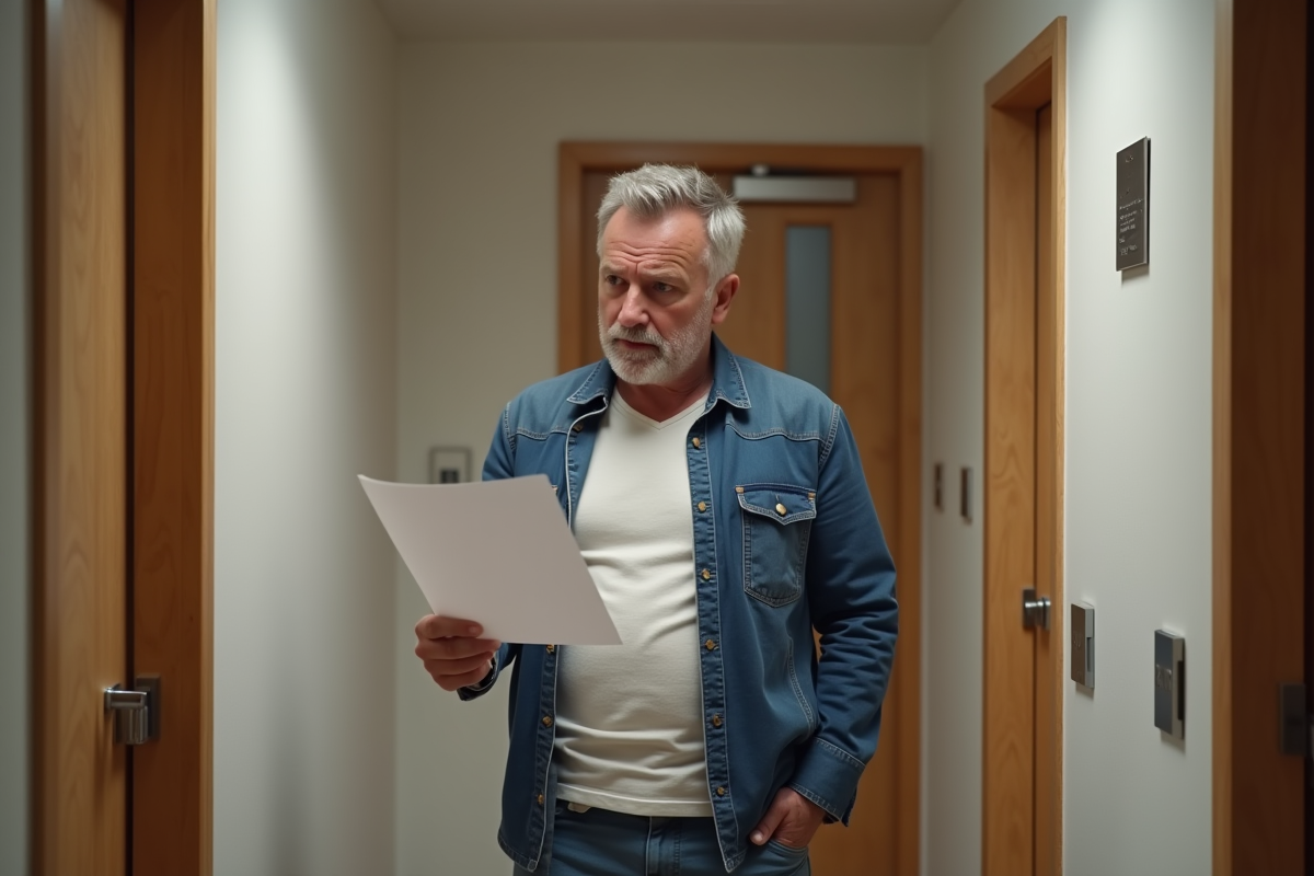 Homme d'âge moyen examinant un avis postal dans un couloir d'appartement