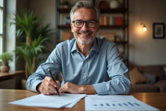 Homme d'âge moyen lisant des papiers immobiliers dans un intérieur cosy