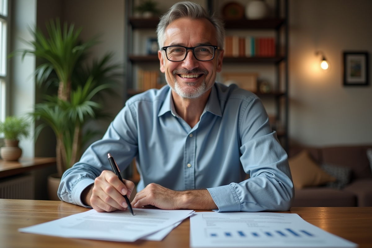 Homme d'âge moyen lisant des papiers immobiliers dans un intérieur cosy