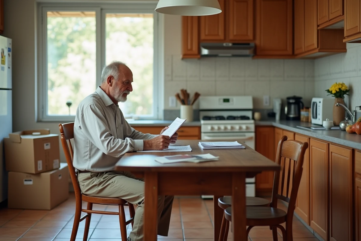 Homme âgé lisant un document dans la cuisine
