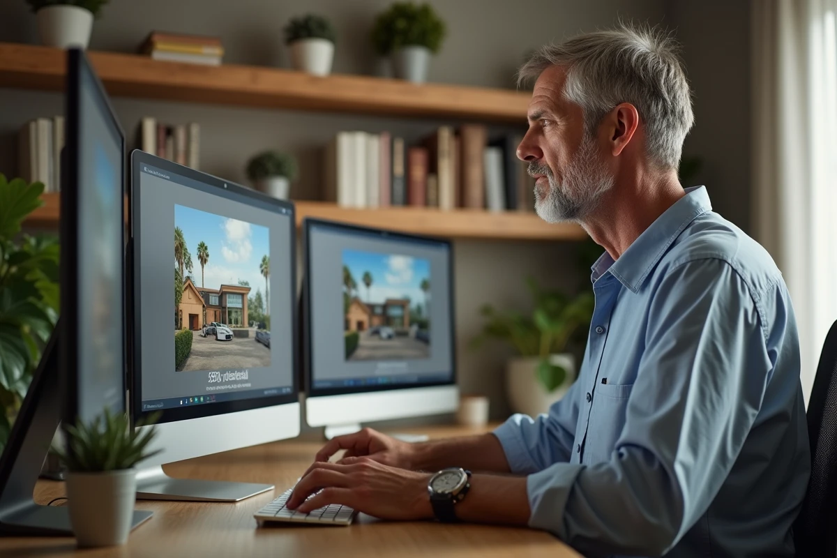 Homme naviguant seul sur une visite virtuelle 360° d'une maison depuis son bureau à domicile