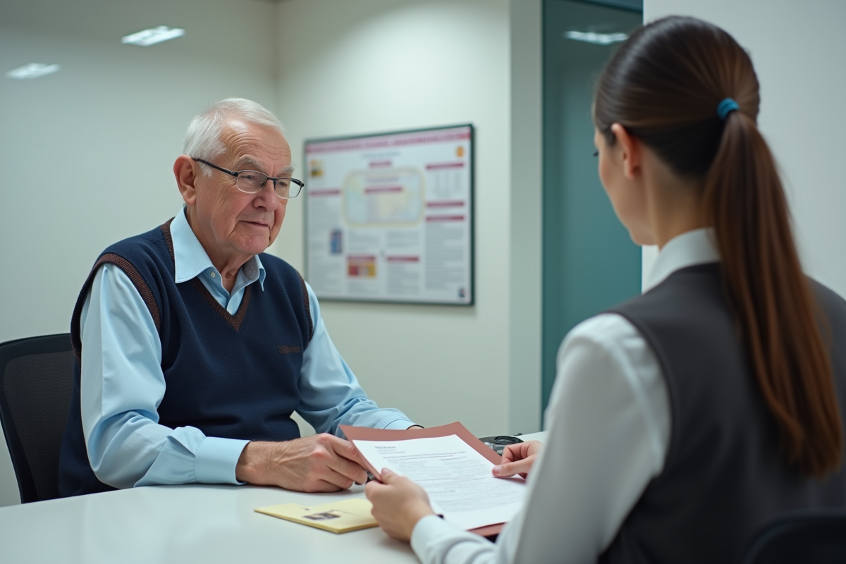 Homme âgé recevant un document officiel dans un bureau moderne