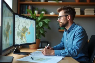 Homme d'âge moyen étudiant des cartes Geopartail sur un ordinateur