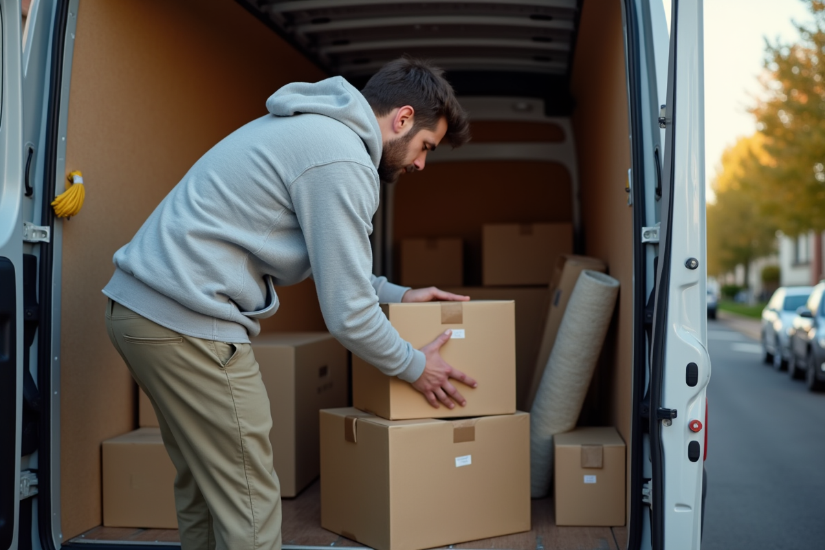 Jeune homme organisant des objets dans un van de déménagement