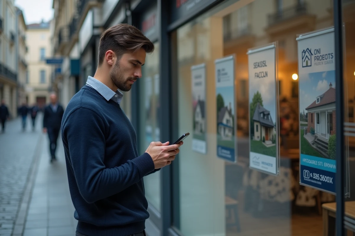 Homme consultant des annonces immobilières sur smartphone devant une agence immobilière en France