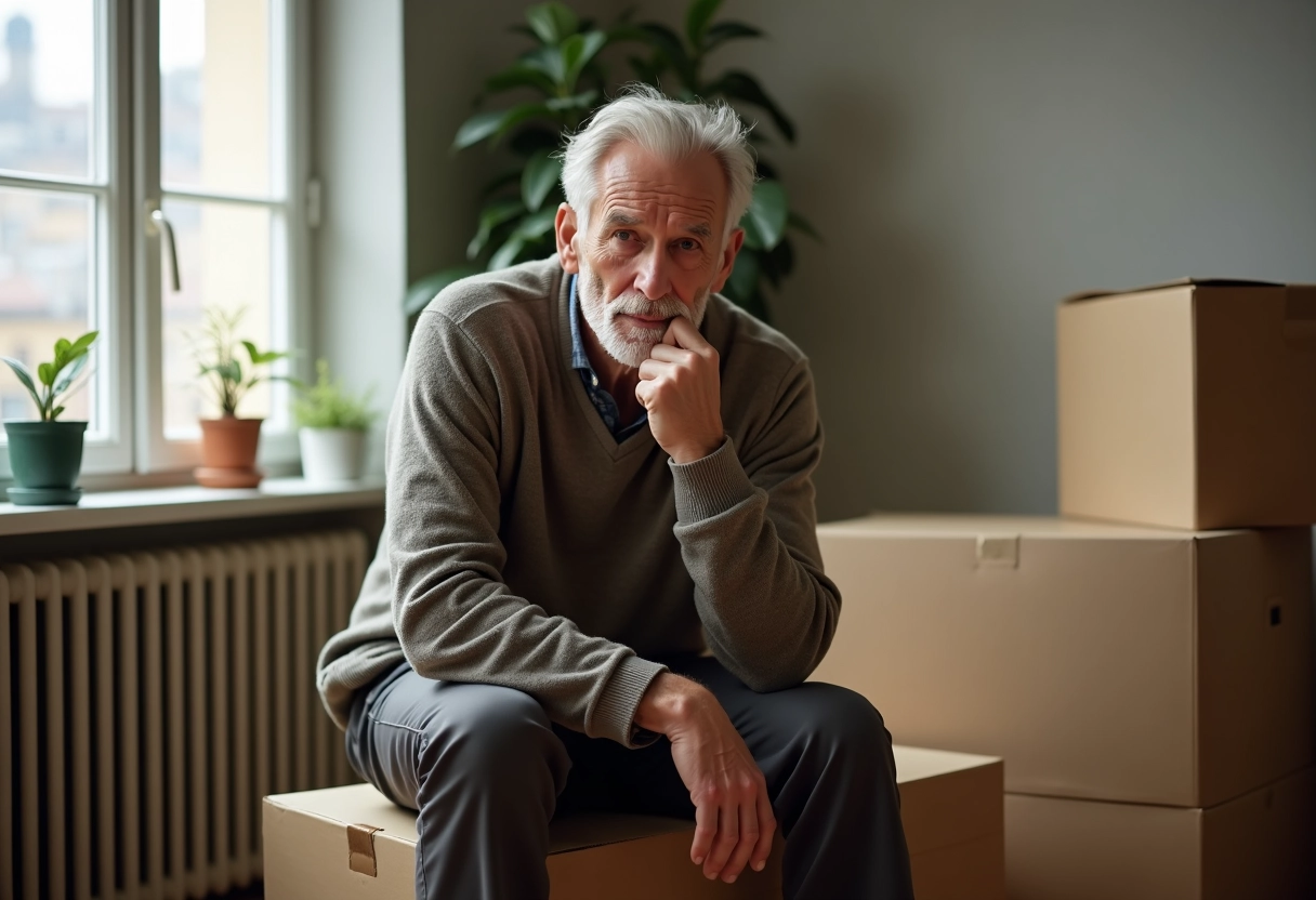 Homme pensif assis sur une boîte dans un salon en transition