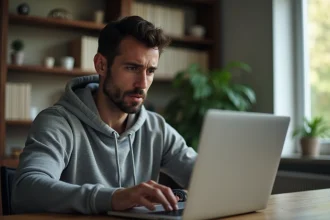 Homme inquiet regardant son écran d'ordinateur portable, illustrant les risques de sécurité en ligne et les erreurs numériques courantes