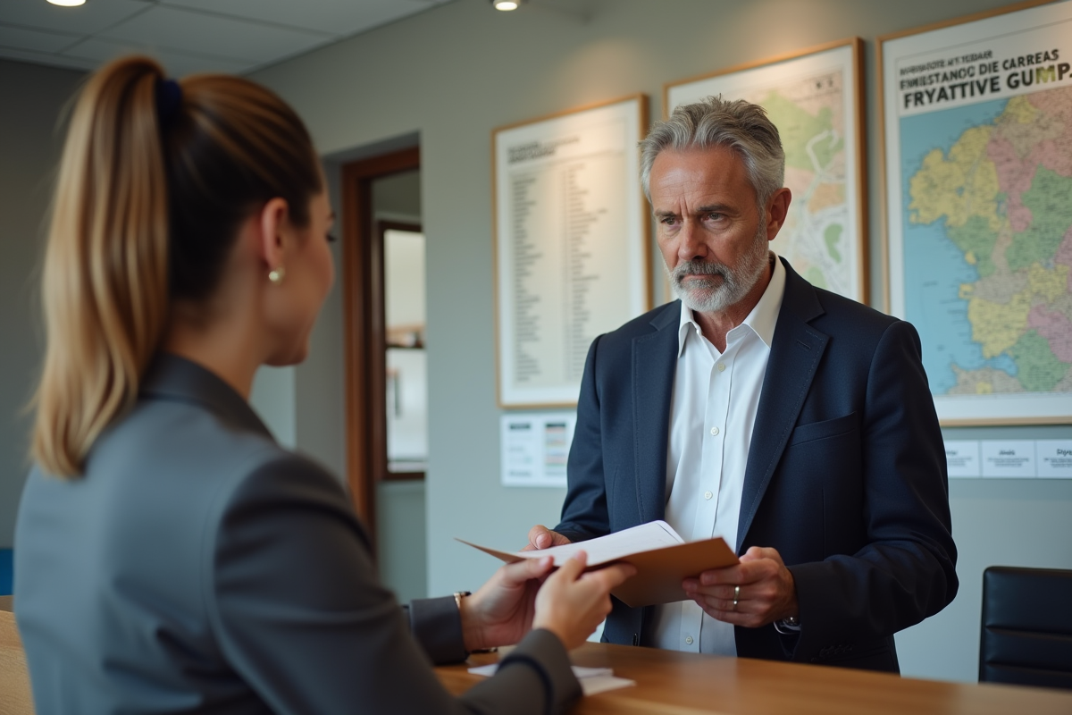 Homme remettant un dossier à la réception dans une agence d