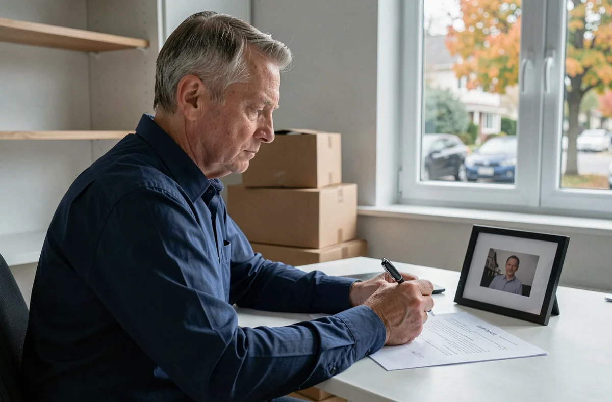 Homme seul signant un compromis de vente immobilière dans un bureau vide pendant une procédure de divorce