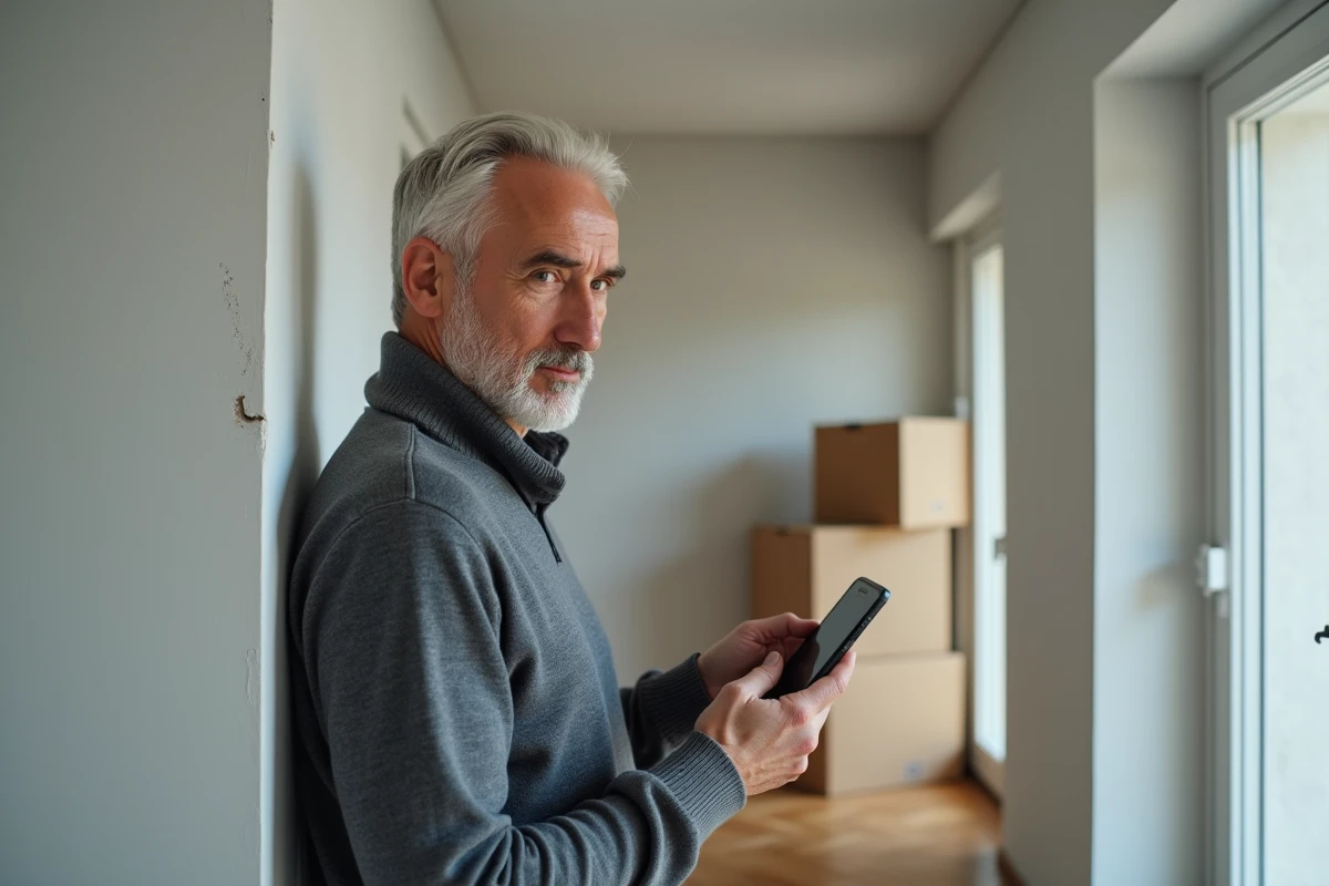 Homme consultant son smartphone pour transférer un contrat EDF dans un appartement nouvellement acquis