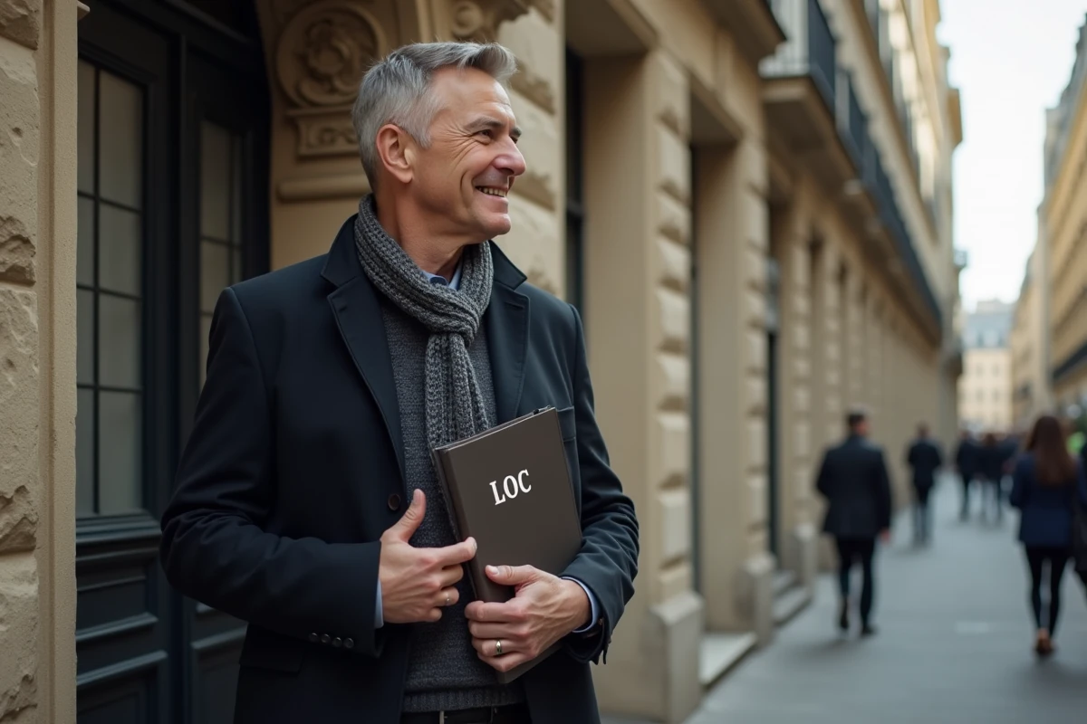 Homme souriant tenant un dossier LOC devant un immeuble parisien