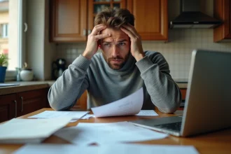 Homme stressé devant des factures impayées et un ordinateur portable dans une cuisine modeste, illustrant la problématique des loyers impayés