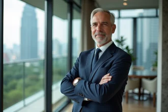 Homme en costume dans un appartement moderne avec vue urbaine