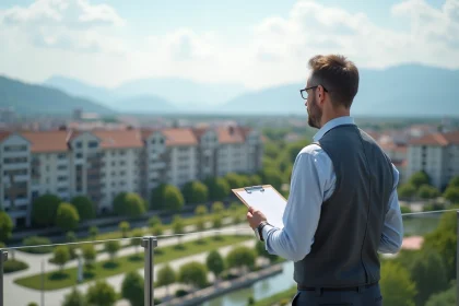 Homme d'affaires observant la ville de Grenoble depuis un balcon