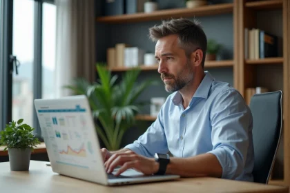 Homme d'affaires examine des données immobilières sur un ordinateur