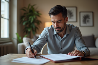 Homme d'âge moyen examinant un dossier dans un appartement moderne