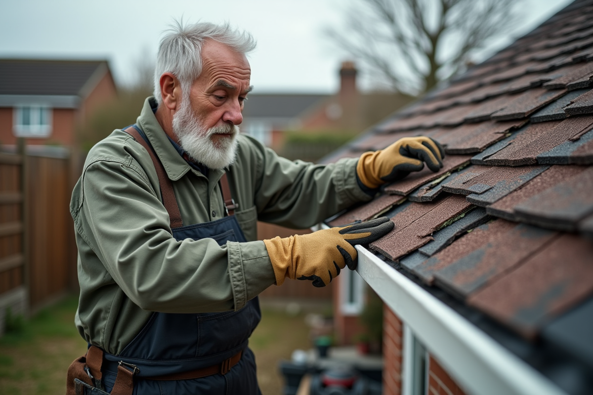 Homme en vêtements de travail examinant des tuiles cassées sur le toit