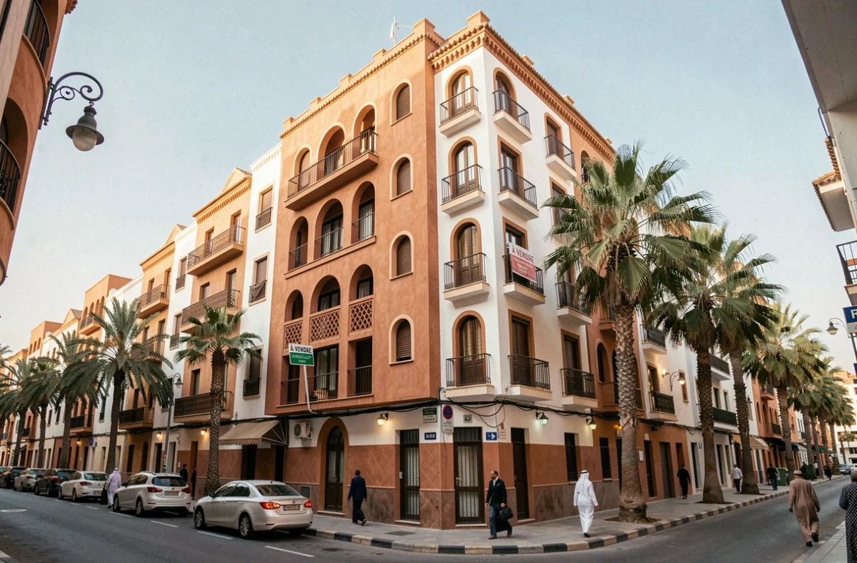 Immeuble résidentiel avec panneau à vendre sur un balcon dans le quartier Hivernage de Marrakech