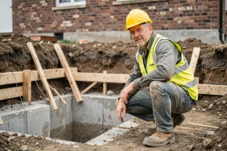 Ingénieur inspectant les fondations en cours de reprise sous œuvre dans une tranchée d'excavation résidentielle