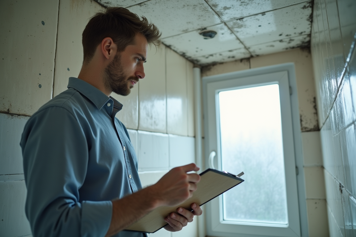 Jeune gestionnaire inspectant des moisissures dans une salle de bain